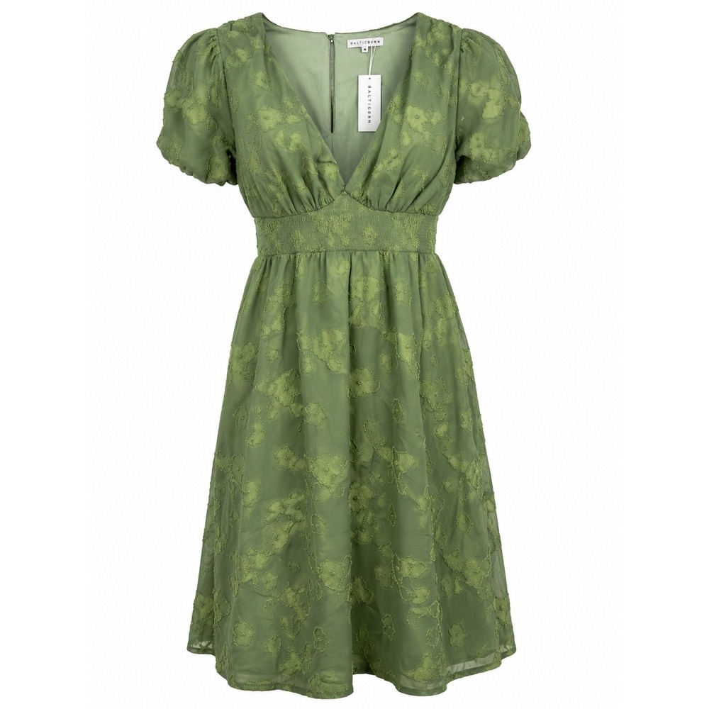 Baltic Born June Midi Dress Sage Green Floral Clip Dot Puff Sleeve Smocked M NEW